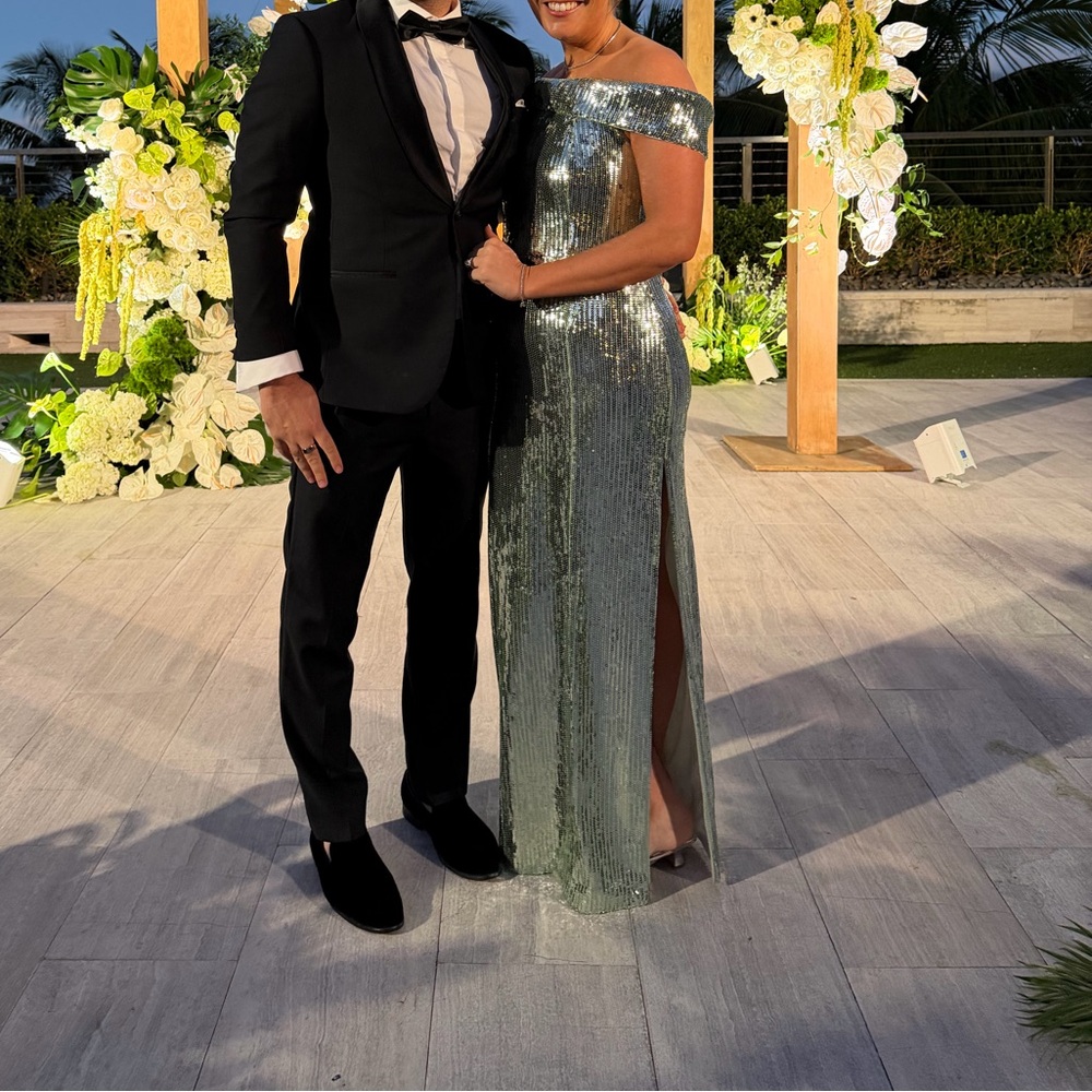 Galvan London 'Glencoe' Sequined Off-The-Shoulder Gown in Seaglass